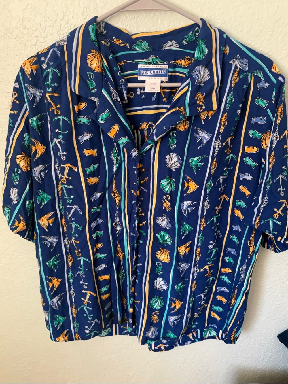 Pendleton Navy Short-Sleeve Button-Down with Green & Gold Nautical Motifs